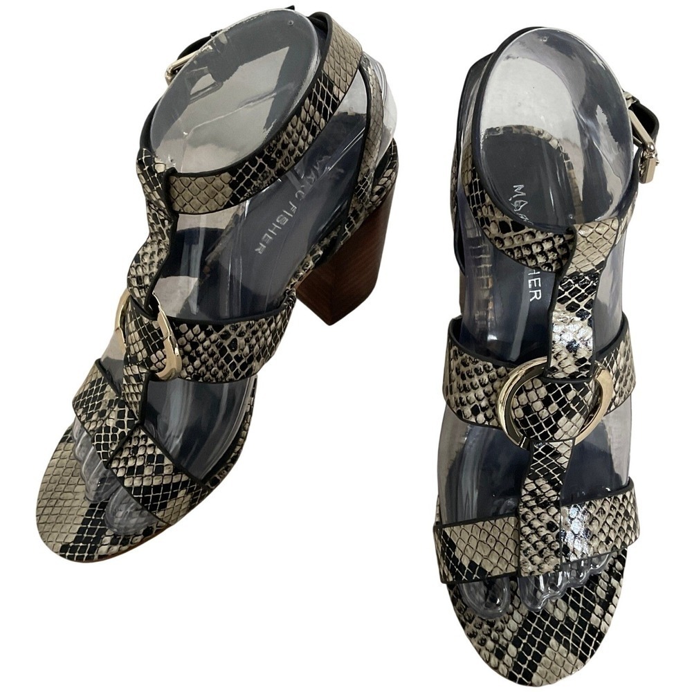 Marc Fisher MFWALINA2 Snake Print Strappy Block Heel Sandals Black White 6M